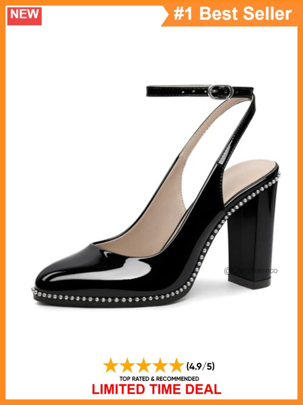 Mettesally Women's Slingback Chunky Heels Closed Toe Patent Leather Pumps